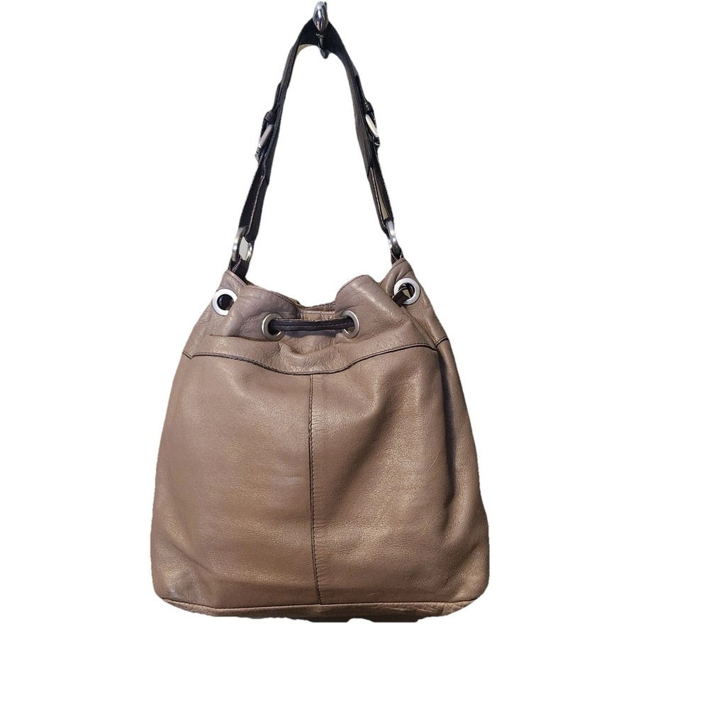 Garnet Hill Drawstring Bucket Shoulder Bag Tan Brown Italian Leather Boho Casual